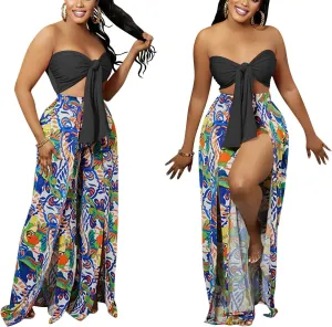 2 Piece Outfits for Women Sexy Chest Wrapping Lace Up Tube Top Backless Loose Palazzo Pants Multi Wear