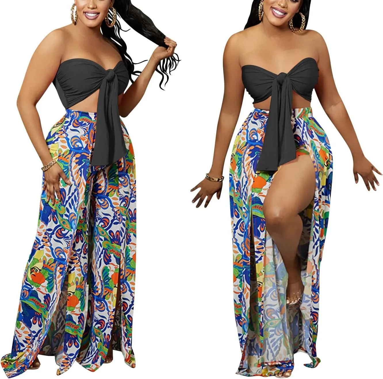 2 Piece Outfits for Women Sexy Chest Wrapping Lace Up Tube Top Backless Loose Palazzo Pants Multi Wear