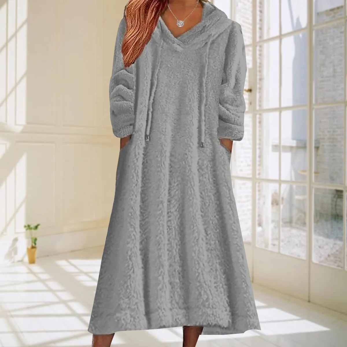 2024 Women's Fleece Fuzzy Hoodies Dress Long Dress Oversized Hooded Sweatshirts Dress Warm Winter Hoodies with Pocket