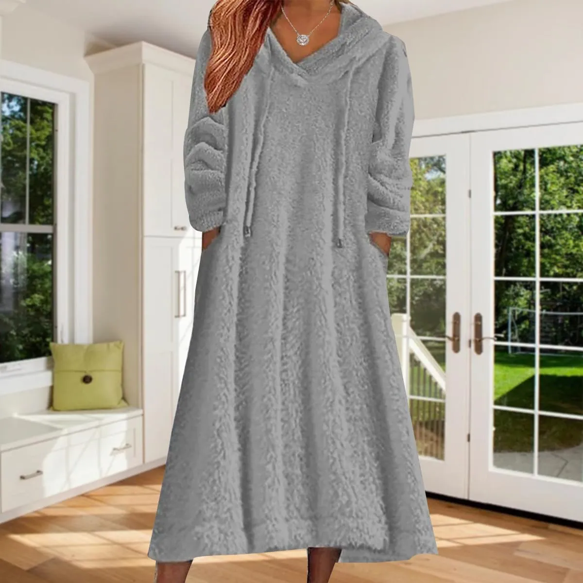 2024 Women's Fleece Fuzzy Hoodies Dress Long Dress Oversized Hooded Sweatshirts Dress Warm Winter Hoodies with Pocket