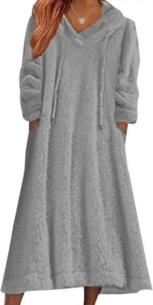2024 Women's Fleece Fuzzy Hoodies Dress Long Dress Oversized Hooded Sweatshirts Dress Warm Winter Hoodies with Pocket