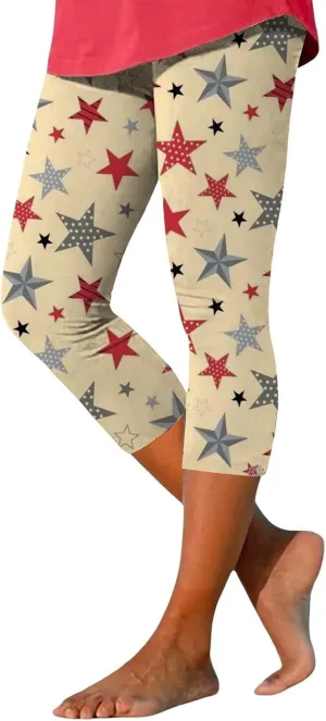4th of July Capri Leggings for Women Summer High Waist American Flag Yoga Pants Patriotic Cropped Trousers with Pockets