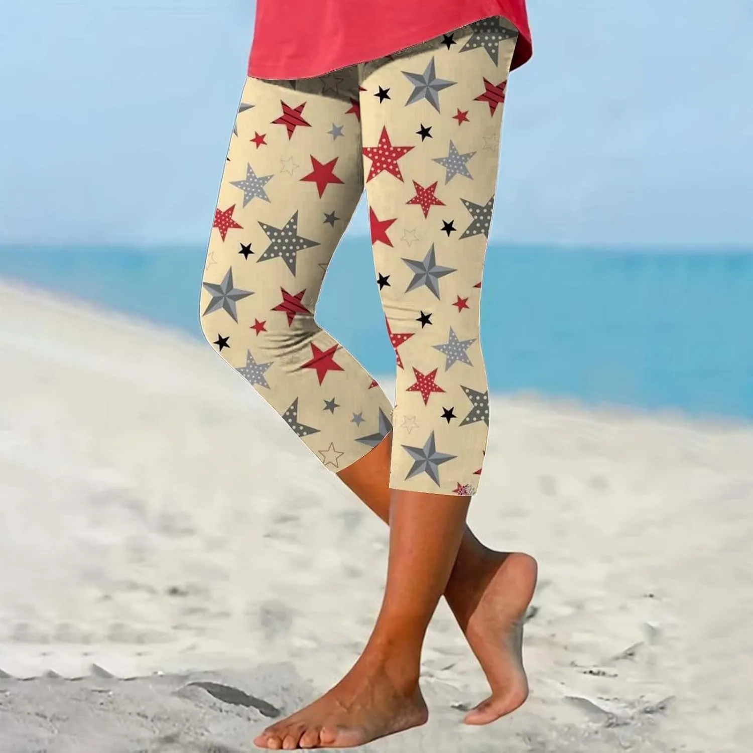 4th of July Capri Leggings for Women Summer High Waist American Flag Yoga Pants Patriotic Cropped Trousers with Pockets