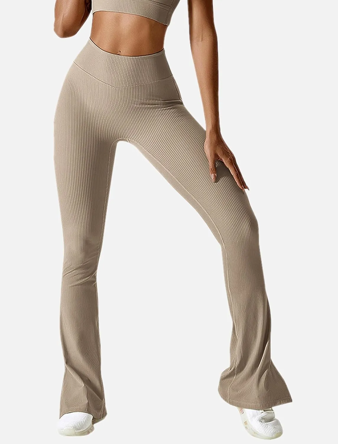 ABOCIW Women Ribbed Seamless Slit Hem Flared Leggings High Waist Bootcut Yoga Pants Tummy Control Workout Bootleg Pants