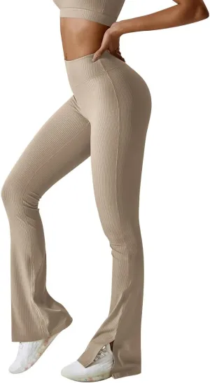 ABOCIW Women Ribbed Seamless Slit Hem Flared Leggings High Waist Bootcut Yoga Pants Tummy Control Workout Bootleg Pants