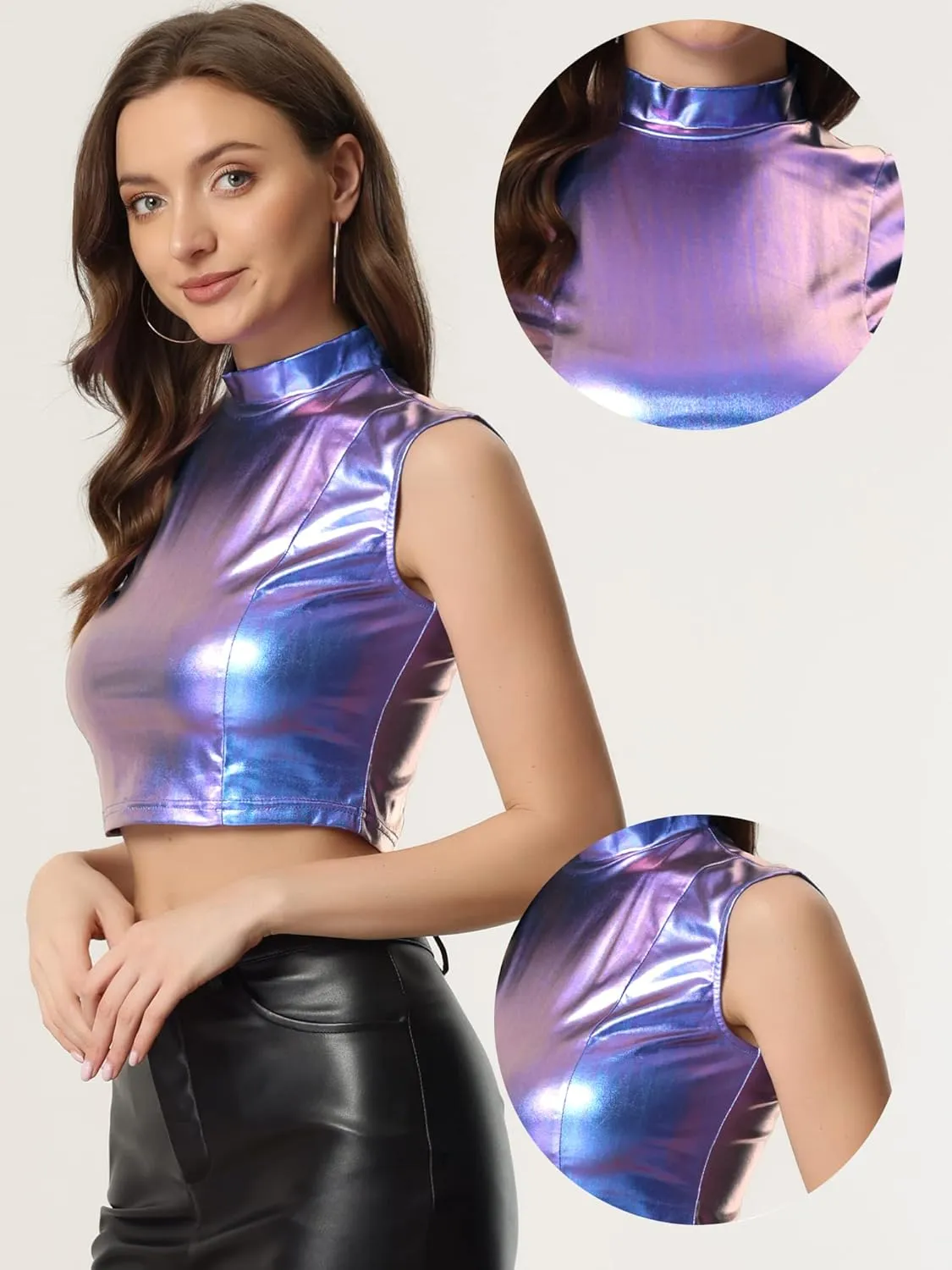 Allegra K Metallic Crop Top for Women's Halloween Shiny Sleeveless Holographic Party Tank Tops