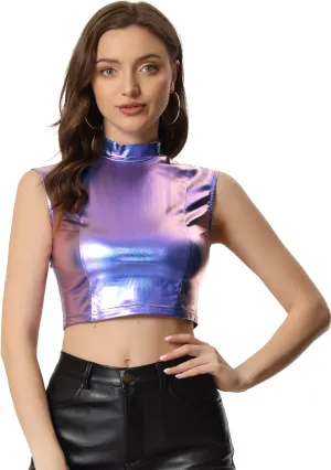Allegra K Metallic Crop Top for Women's Halloween Shiny Sleeveless Holographic Party Tank Tops
