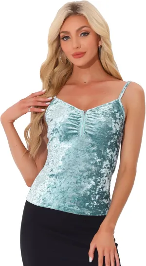 Allegra K Party Cami Top for Women's Velvet Zip Up Spaghetti Strap Halloween Sleeveless Tank Tops