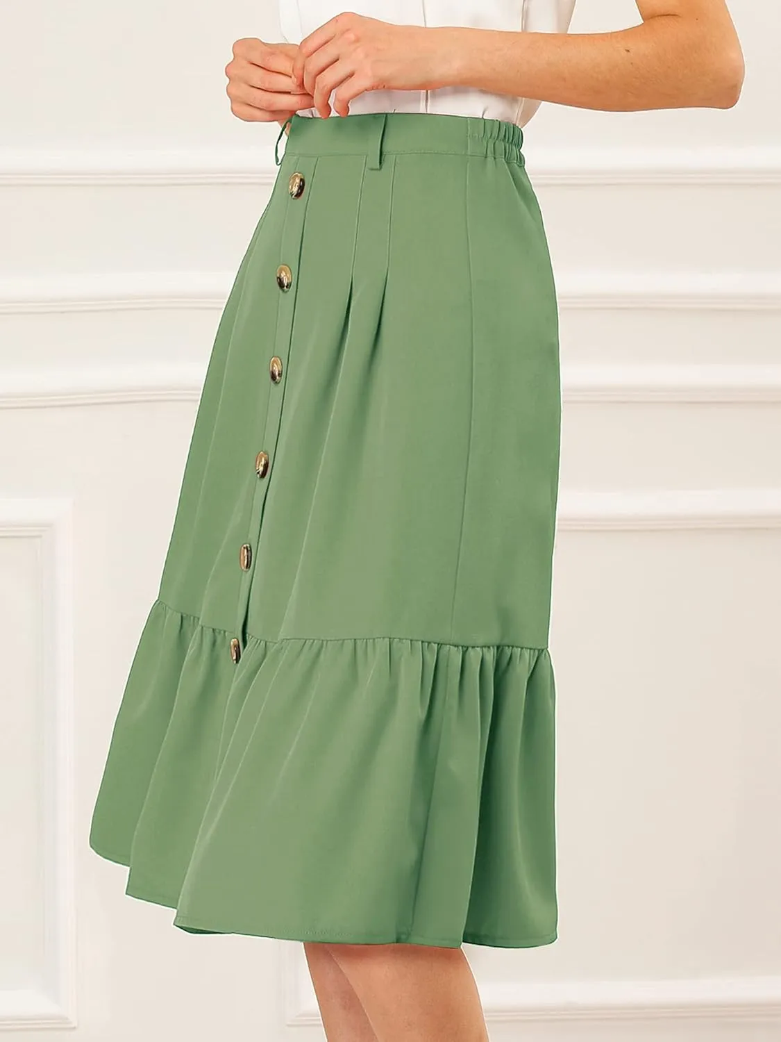 Allegra K Women's Button Front Ruffle Hem Belt High Waist A-Line Flowy Chiffon Pleated Midi Skirt