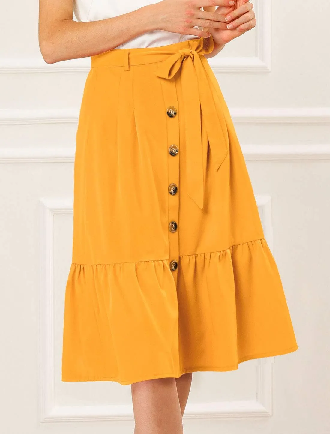 Allegra K Women's Button Front Ruffle Hem Belt High Waist A-Line Flowy Chiffon Pleated Midi Skirt