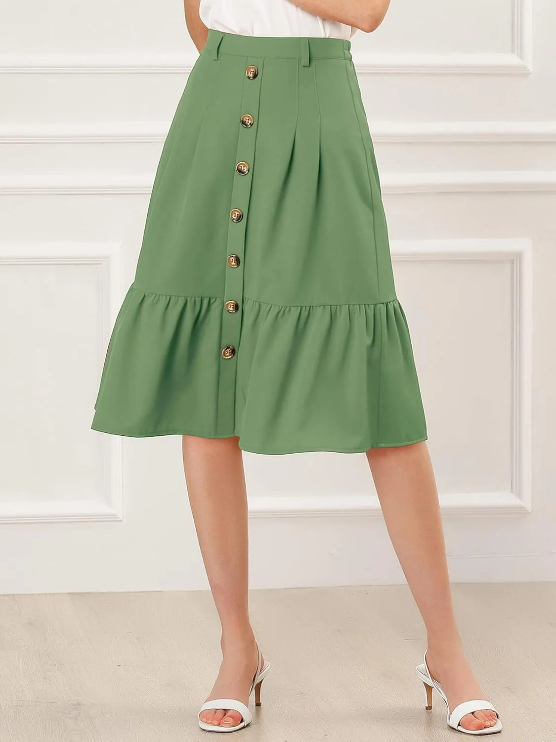 Allegra K Women's Button Front Ruffle Hem Belt High Waist A-Line Flowy Chiffon Pleated Midi Skirt