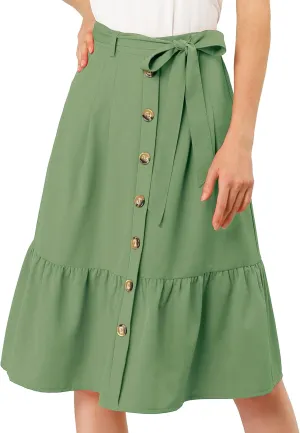 Allegra K Women's Button Front Ruffle Hem Belt High Waist A-Line Flowy Chiffon Pleated Midi Skirt