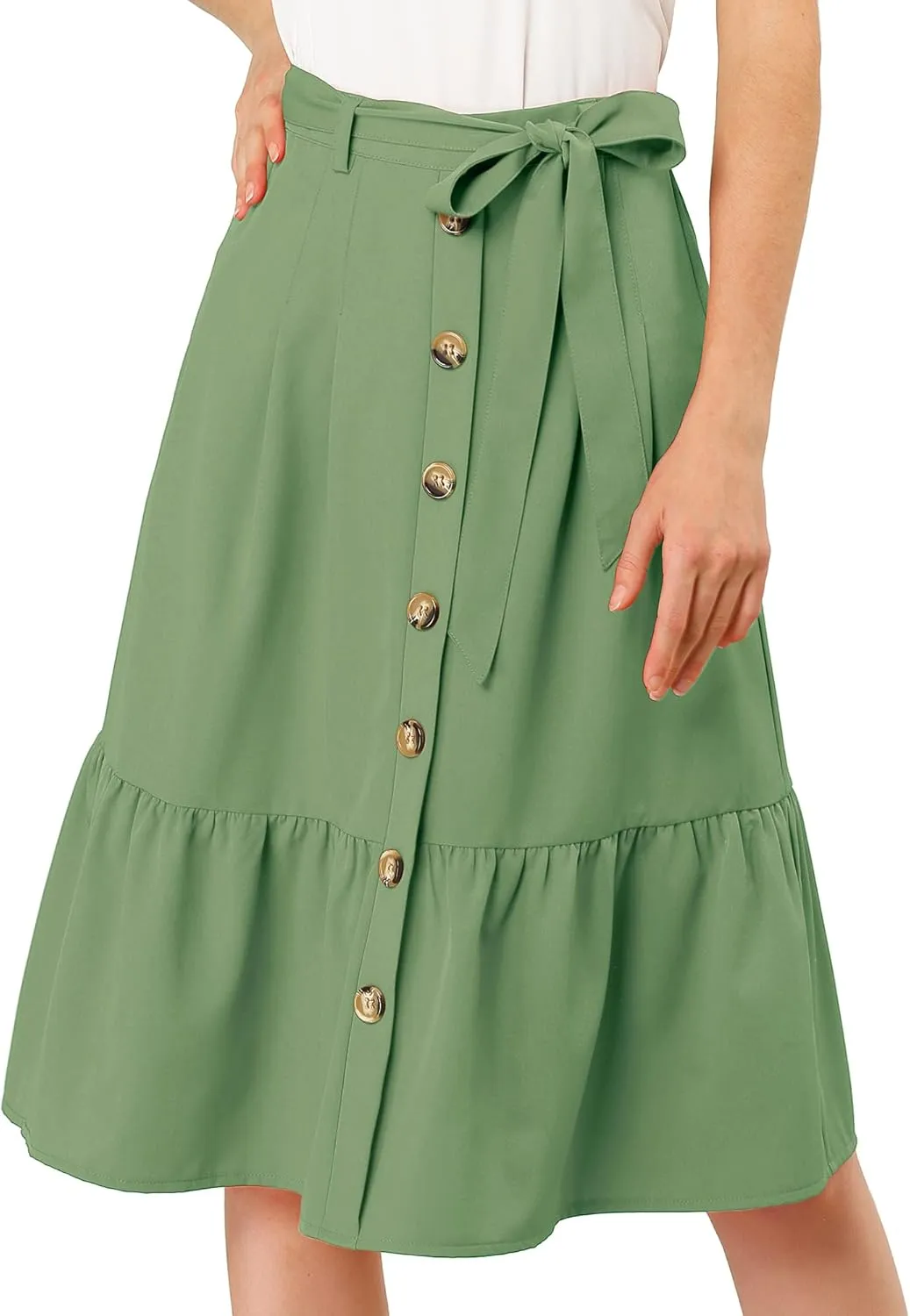 Allegra K Women's Button Front Ruffle Hem Belt High Waist A-Line Flowy Chiffon Pleated Midi Skirt