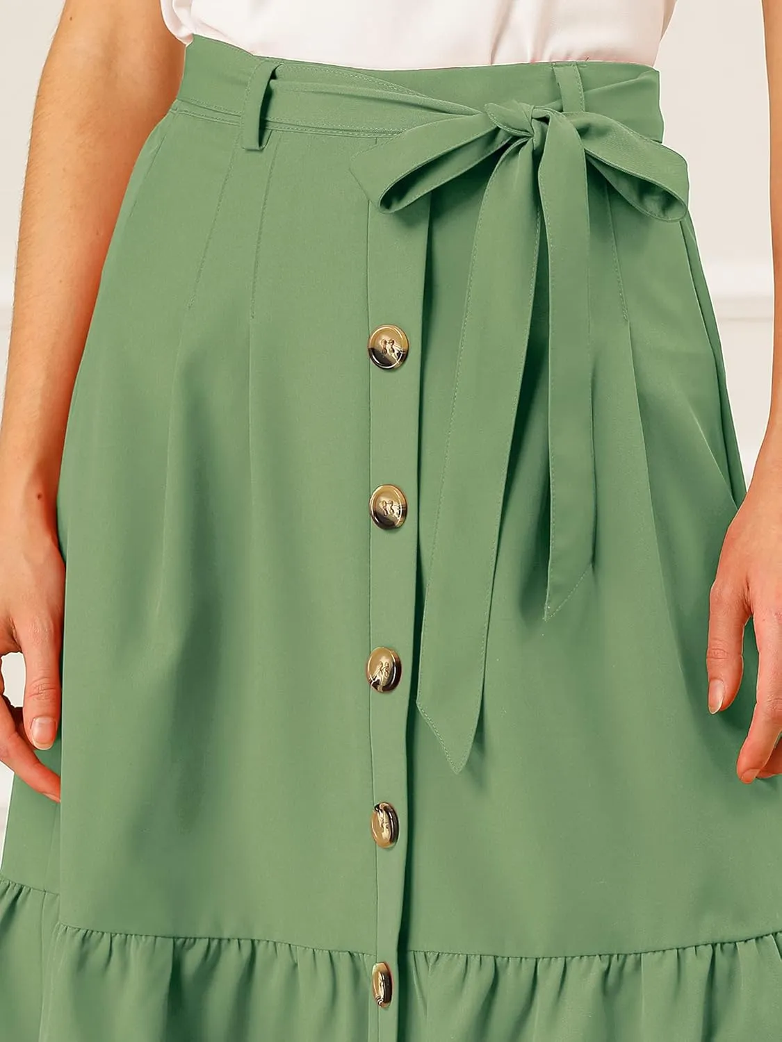 Allegra K Women's Button Front Ruffle Hem Belt High Waist A-Line Flowy Chiffon Pleated Midi Skirt