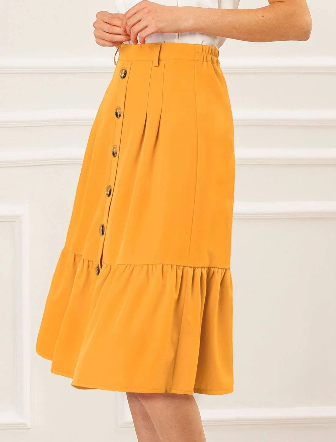 Allegra K Women's Button Front Ruffle Hem Belt High Waist A-Line Flowy Chiffon Pleated Midi Skirt