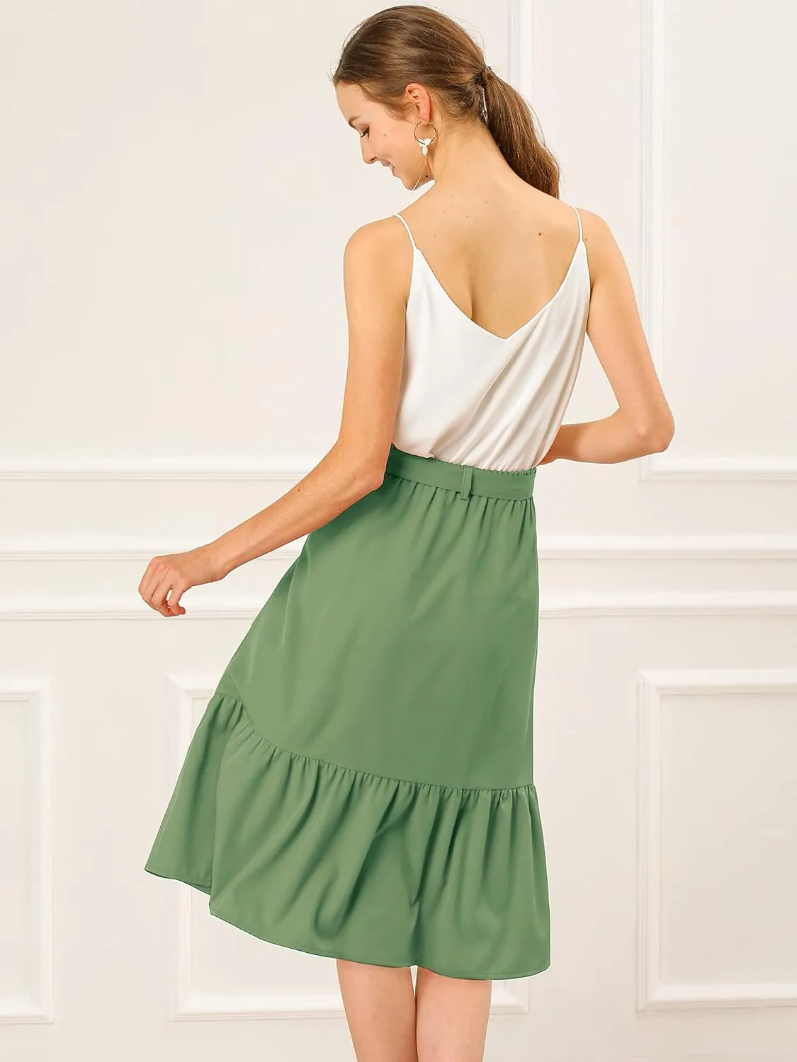 Allegra K Women's Button Front Ruffle Hem Belt High Waist A-Line Flowy Chiffon Pleated Midi Skirt