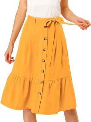 Allegra K Women's Button Front Ruffle Hem Belt High Waist A-Line Flowy Chiffon Pleated Midi Skirt