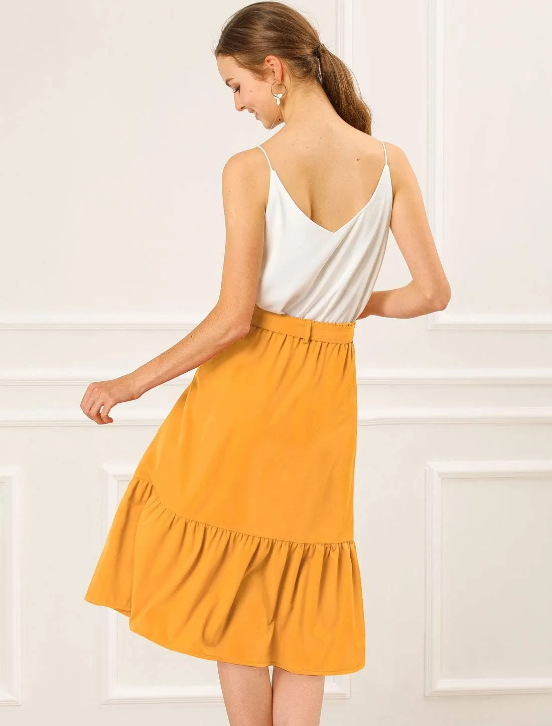 Allegra K Women's Button Front Ruffle Hem Belt High Waist A-Line Flowy Chiffon Pleated Midi Skirt