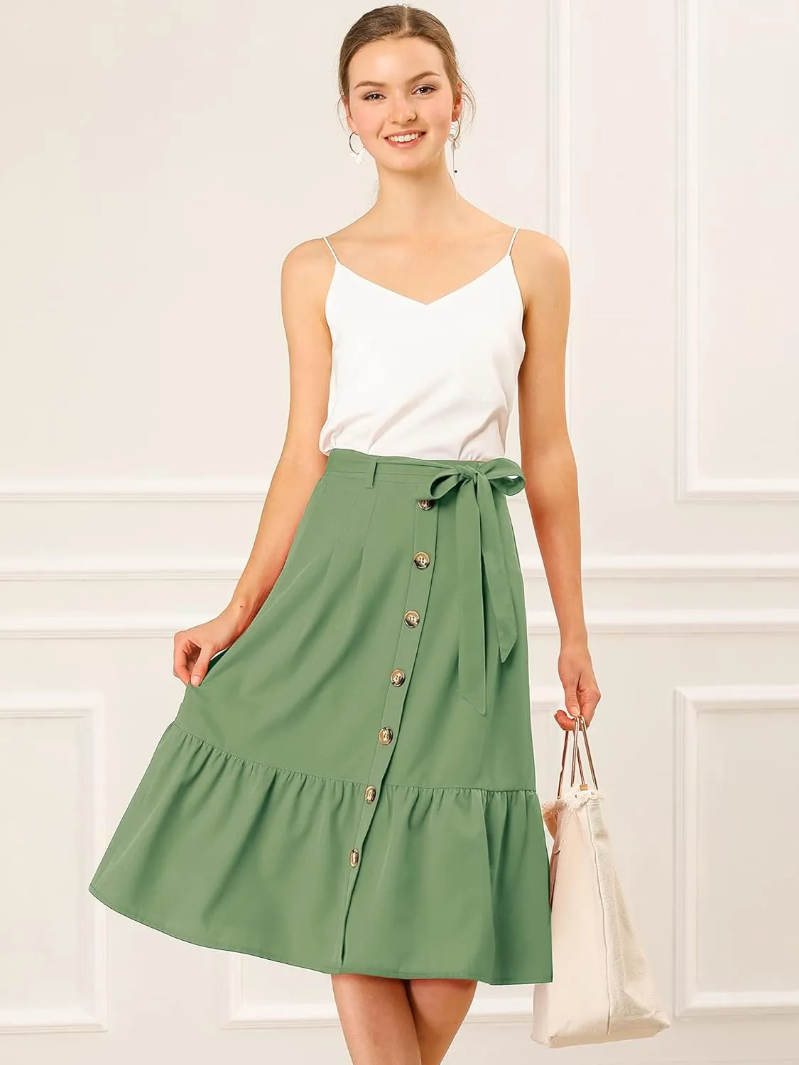 Allegra K Women's Button Front Ruffle Hem Belt High Waist A-Line Flowy Chiffon Pleated Midi Skirt