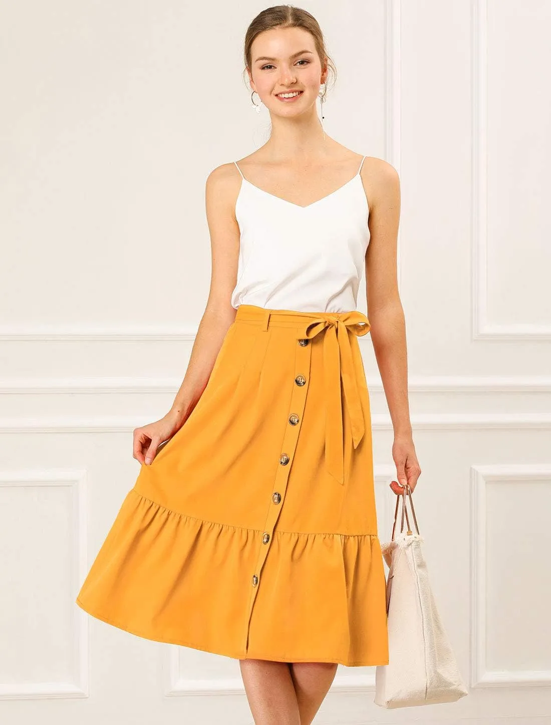 Allegra K Women's Button Front Ruffle Hem Belt High Waist A-Line Flowy Chiffon Pleated Midi Skirt