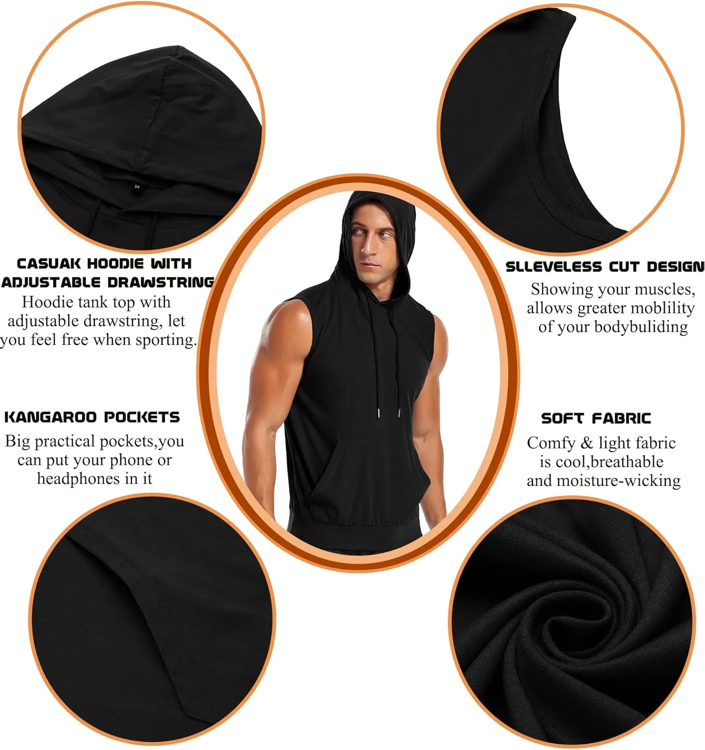 Amussiar Men's Workout Hooded Tank Tops Sleeveless Gym Training Hoodies Bodybuilding Muscle Cut Off T Shirt