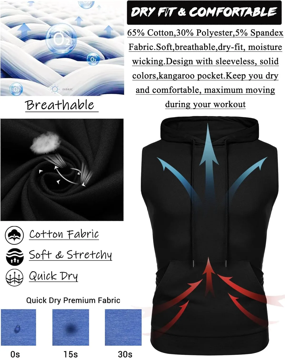 Amussiar Men's Workout Hooded Tank Tops Sleeveless Gym Training Hoodies Bodybuilding Muscle Cut Off T Shirt