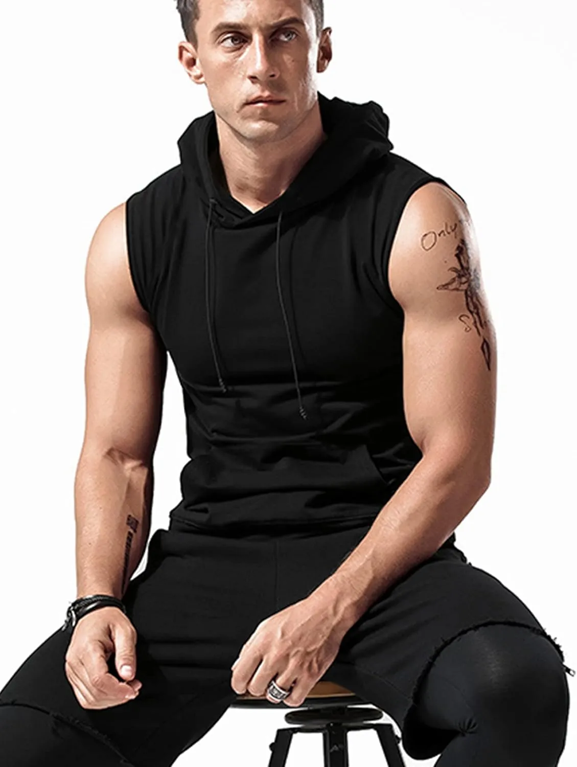Amussiar Men's Workout Hooded Tank Tops Sleeveless Gym Training Hoodies Bodybuilding Muscle Cut Off T Shirt
