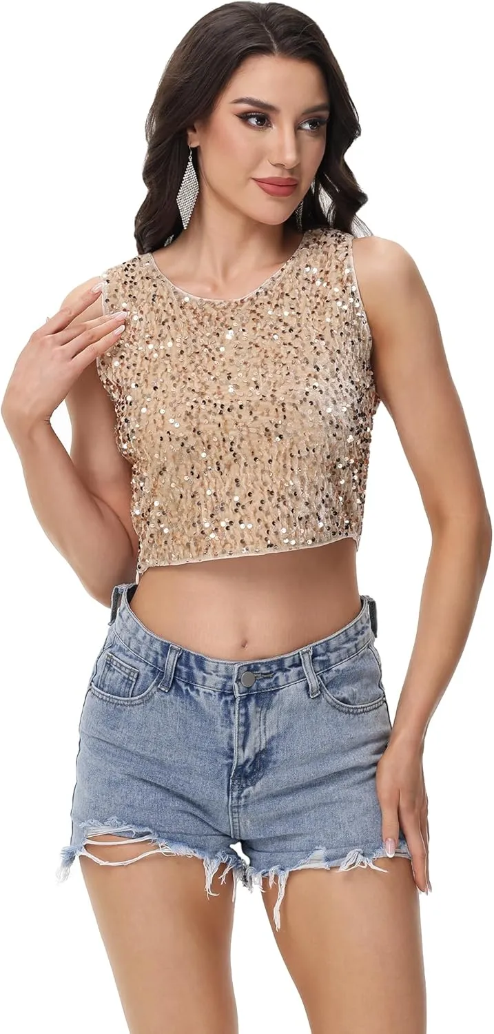 Anna-Kaci Women's Sequin Sleeveless Tops Sparkle Glitter Crew Neck Club Party Nightout Crop Tank Top