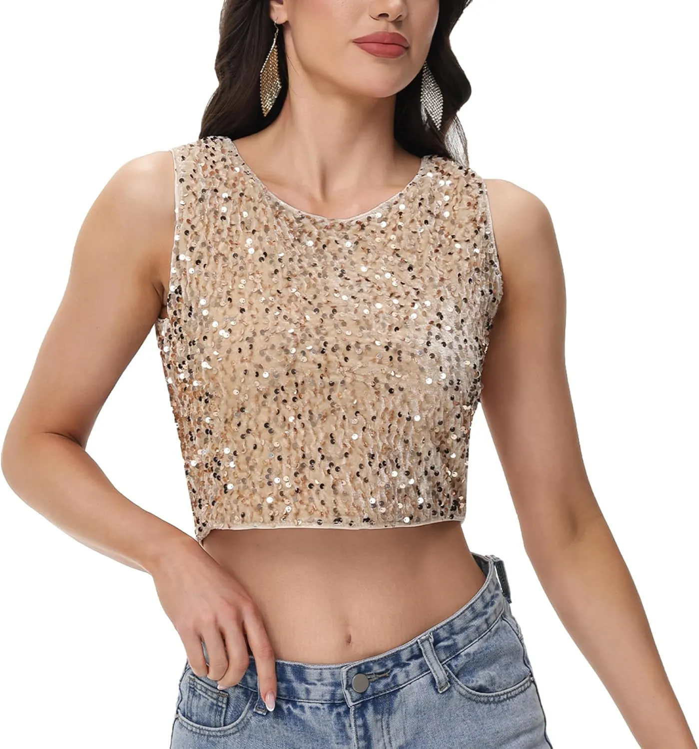Anna-Kaci Women's Sequin Sleeveless Tops Sparkle Glitter Crew Neck Club Party Nightout Crop Tank Top