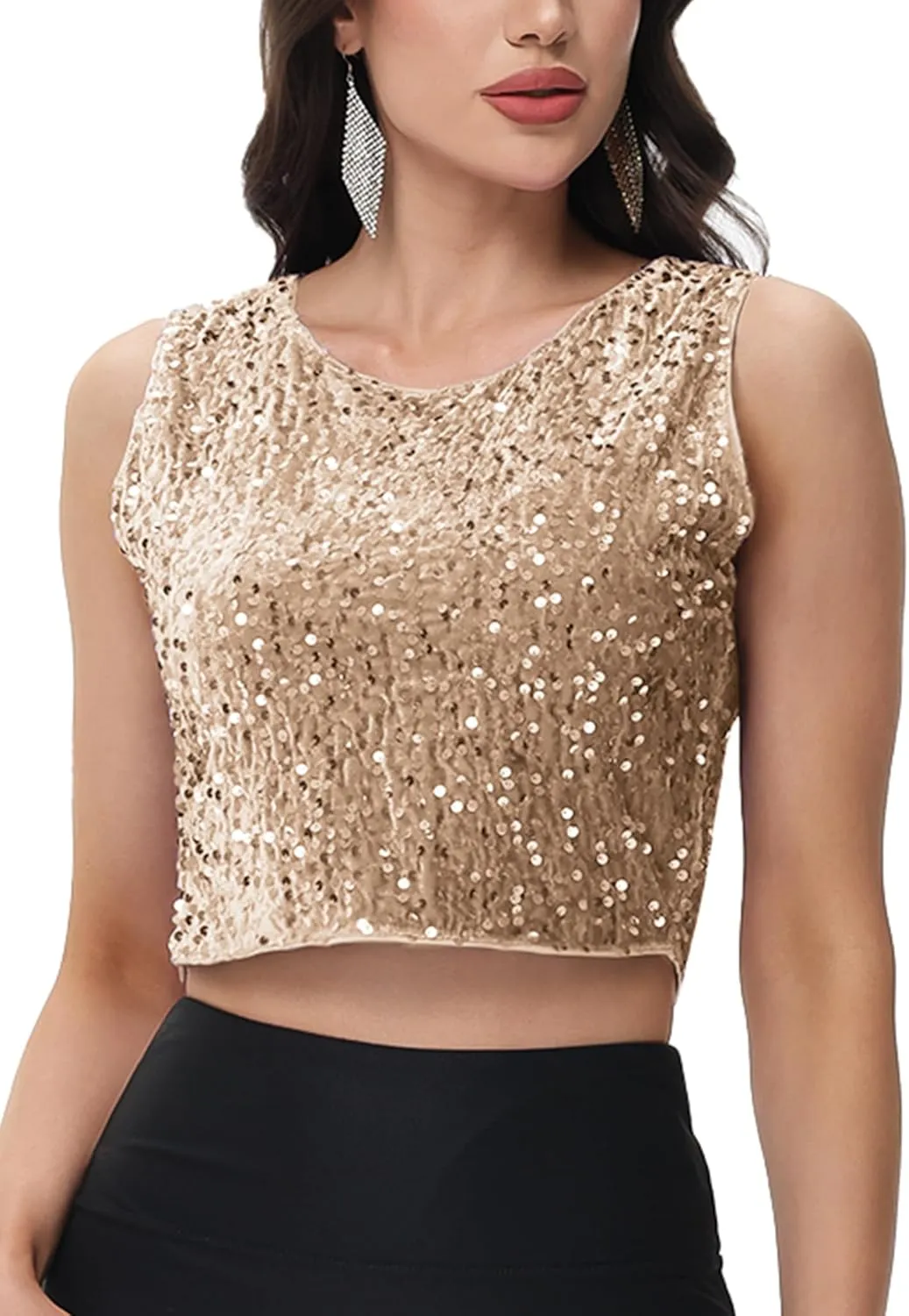 Anna-Kaci Women's Sequin Sleeveless Tops Sparkle Glitter Crew Neck Club Party Nightout Crop Tank Top