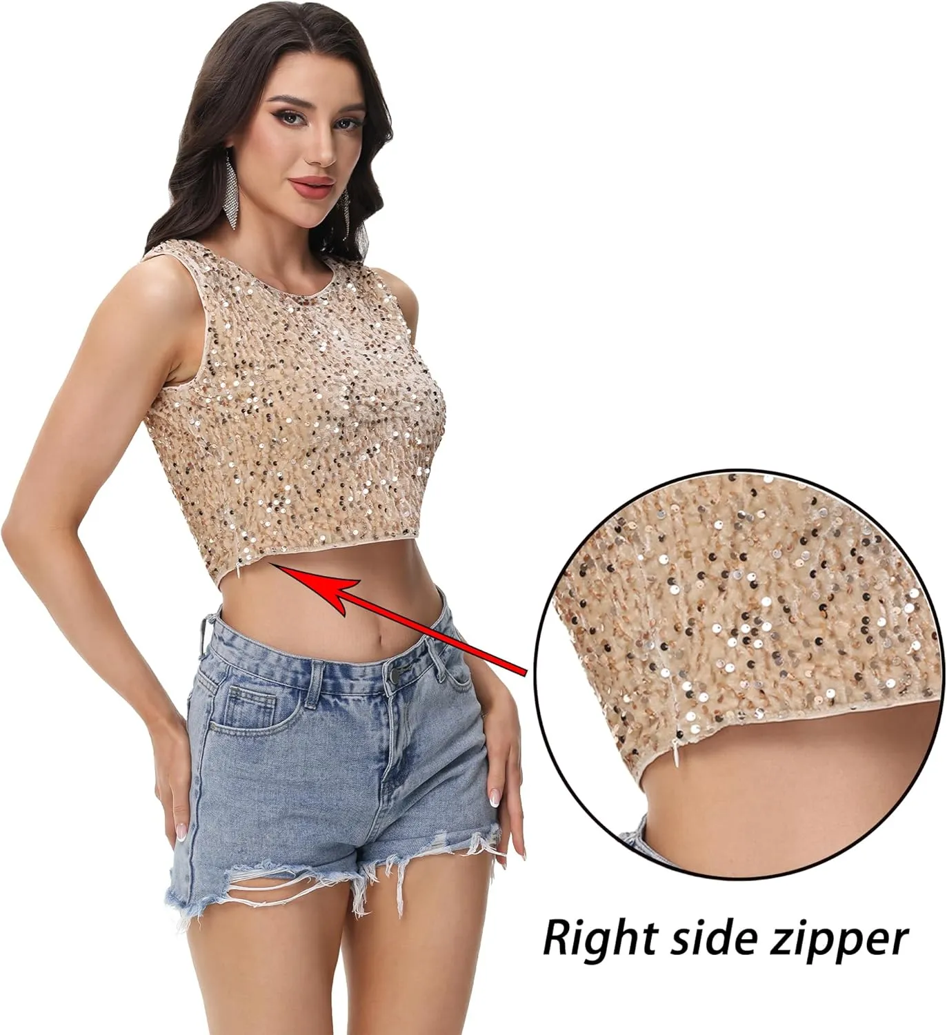 Anna-Kaci Women's Sequin Sleeveless Tops Sparkle Glitter Crew Neck Club Party Nightout Crop Tank Top