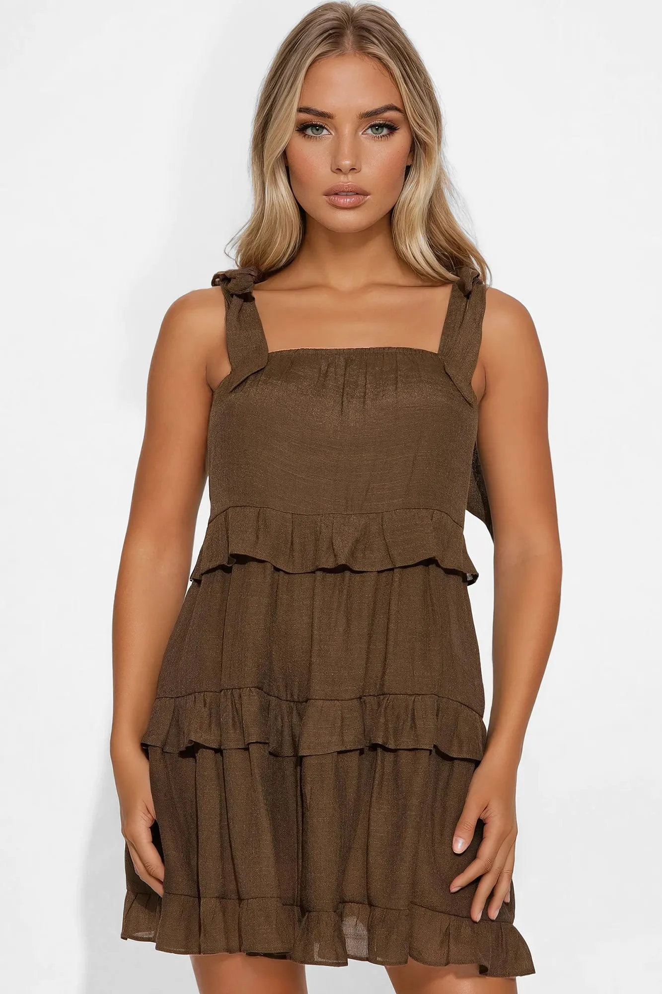 Anya Flowy Gauze Mini Dress - Brown
