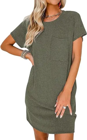 Apvirdy Dresses for Women 2024 Casual Short Sleeve Crewneck Summer Mini Tshirt Ribbed Knit Short Dress with Pockets,S-XXL