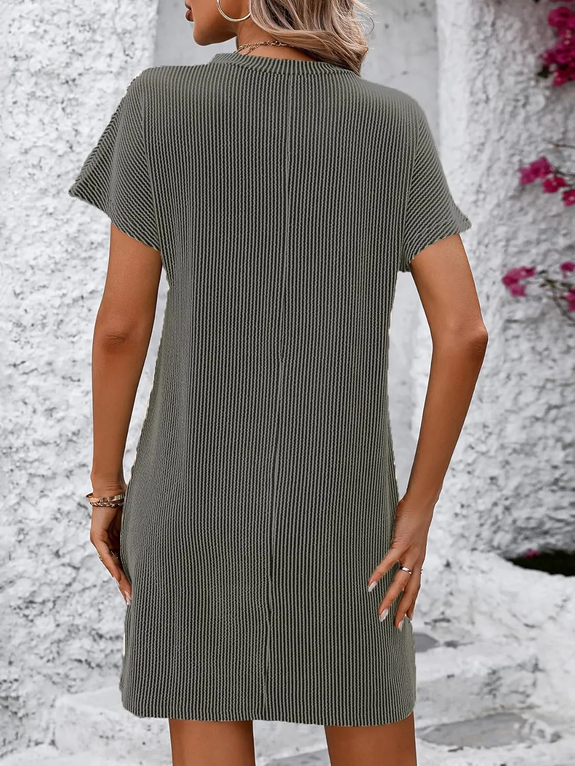 Apvirdy Dresses for Women 2024 Casual Short Sleeve Crewneck Summer Mini Tshirt Ribbed Knit Short Dress with Pockets,S-XXL