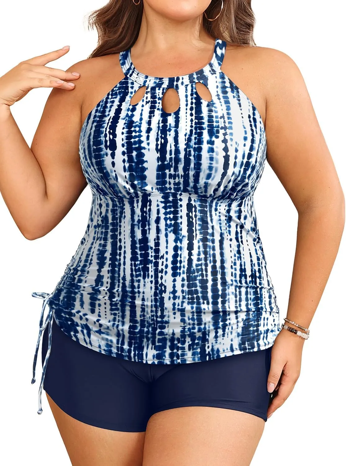 Aqua Eve Women Two Piece Plus Size Swimsuit High Neck Tankini Set Tummy Control Bathing Suit with Shorts