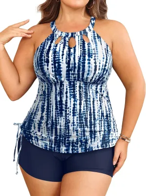 Aqua Eve Women Two Piece Plus Size Swimsuit High Neck Tankini Set Tummy Control Bathing Suit with Shorts