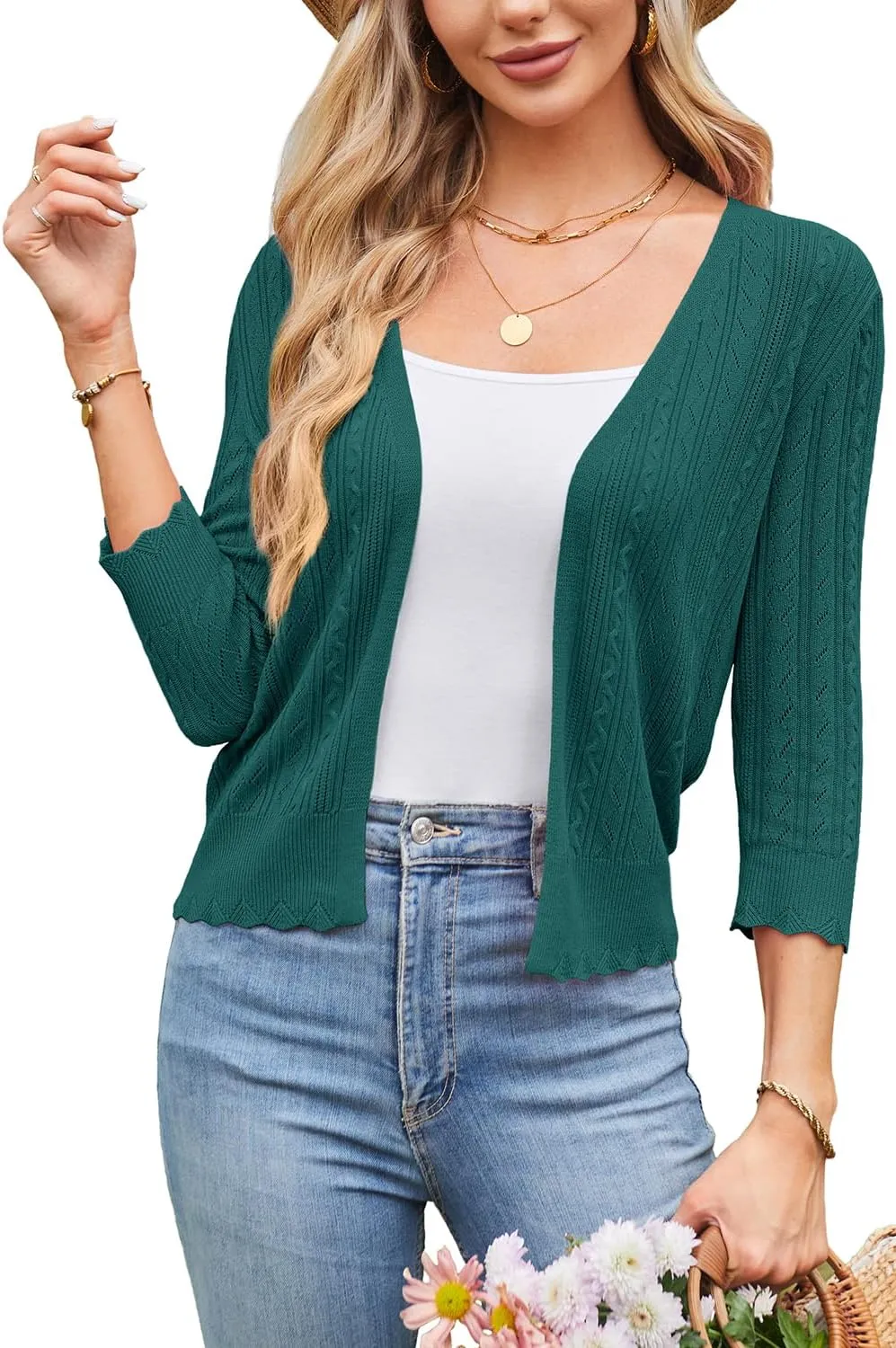 Arach&Cloz Women's 2024 Lightweight Summer Cardigan 3/4 Sleeve Crochet Patterns Knit Shrug Sweater Tops
