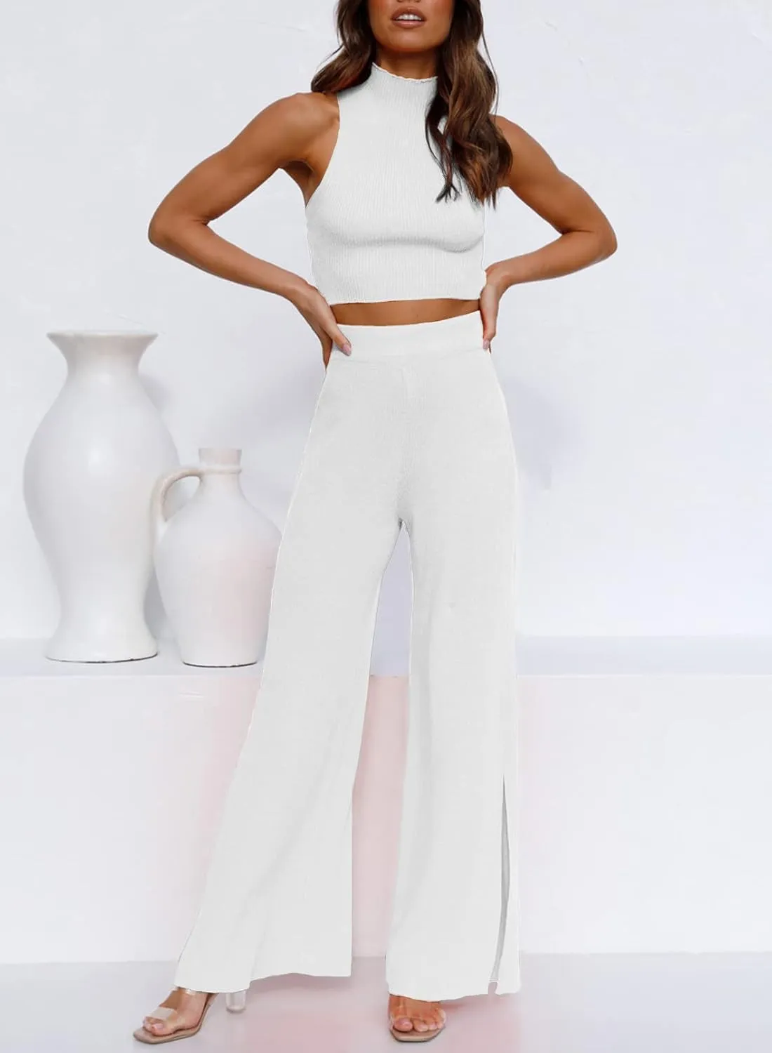 ARTFREE Womens 2 Piece Outfits Sets Casual Sweatsuits Streetwear, Ribbed Knit Palazzo Wide Leg Pants and Cropped Tops