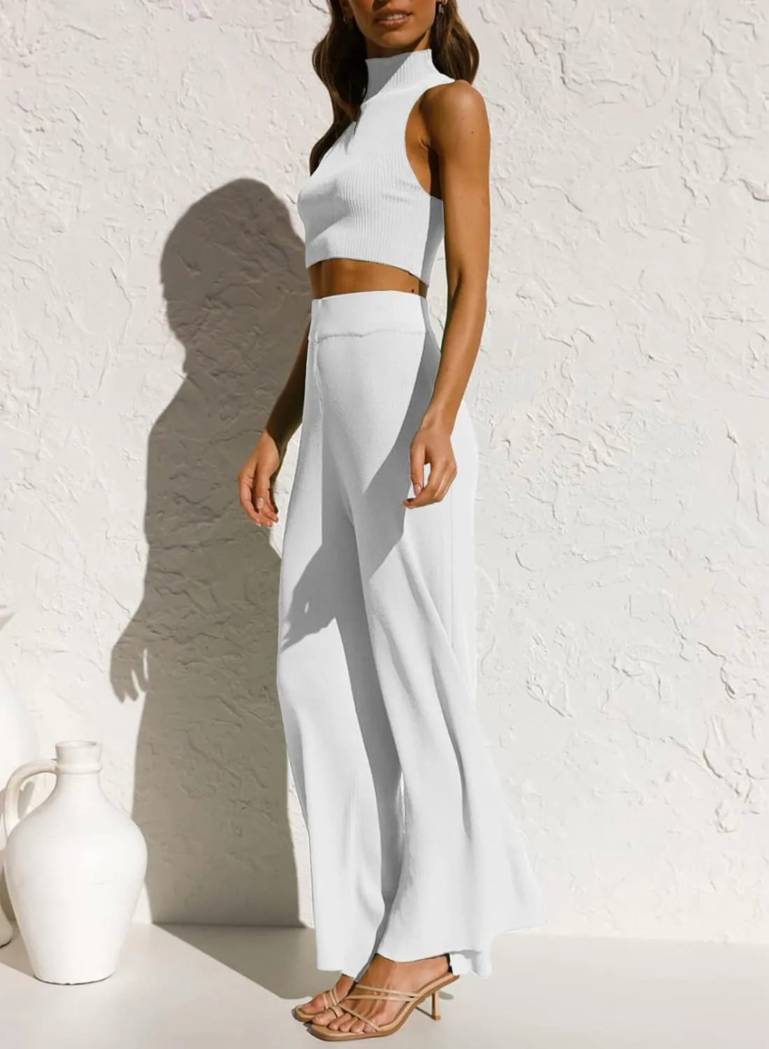ARTFREE Womens 2 Piece Outfits Sets Casual Sweatsuits Streetwear, Ribbed Knit Palazzo Wide Leg Pants and Cropped Tops
