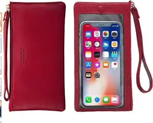 Aslana Women Faux Leather Long Wallet Wristlet Handbag with Touch Screen Clear Phone Window (Burgundy)