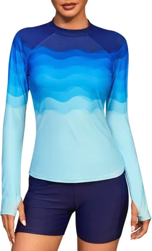 ATTRACO Women's Rash Guard Swim Shirt Long Sleeve Uv Sun Protection Quick Dry Lightweight Printed Shirts with Thumb Holes