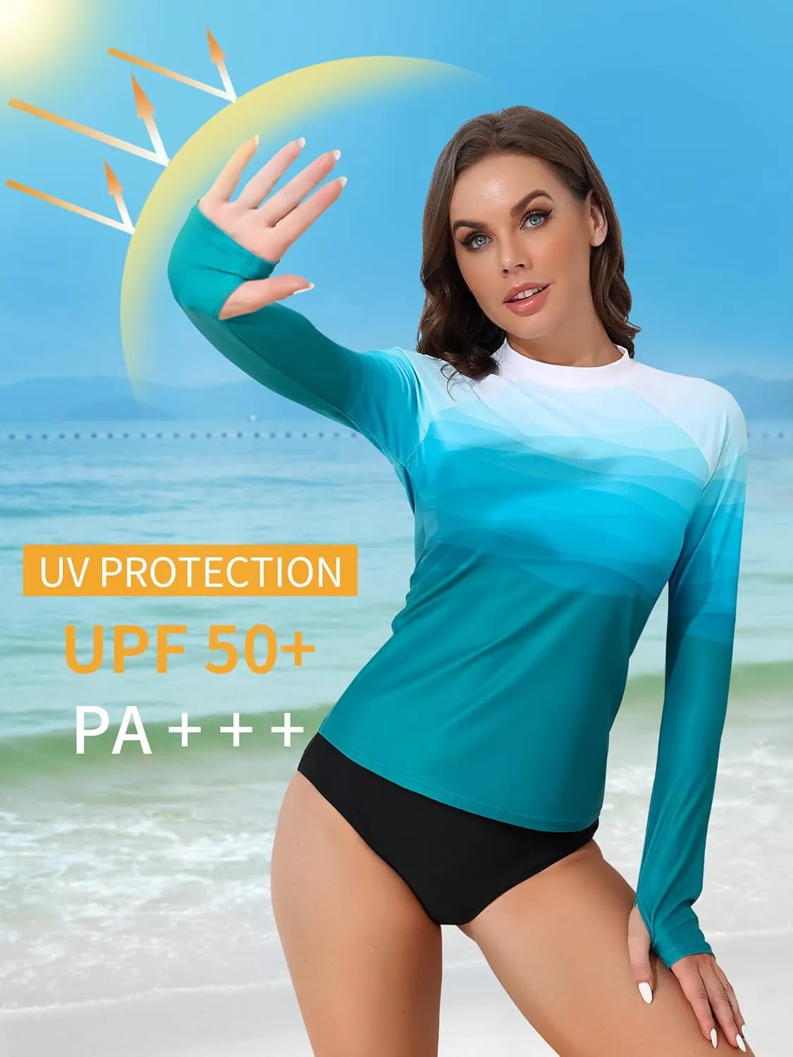 ATTRACO Women's Rash Guard Swim Shirt Long Sleeve Uv Sun Protection Quick Dry Lightweight Printed Shirts with Thumb Holes