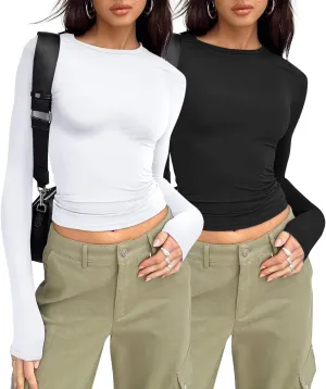 AUTOMET Womens Long Sleeve Shirt Basic Crop Tops Fall Fashion Underscrubs Layer Slim Fit Winter Clothes