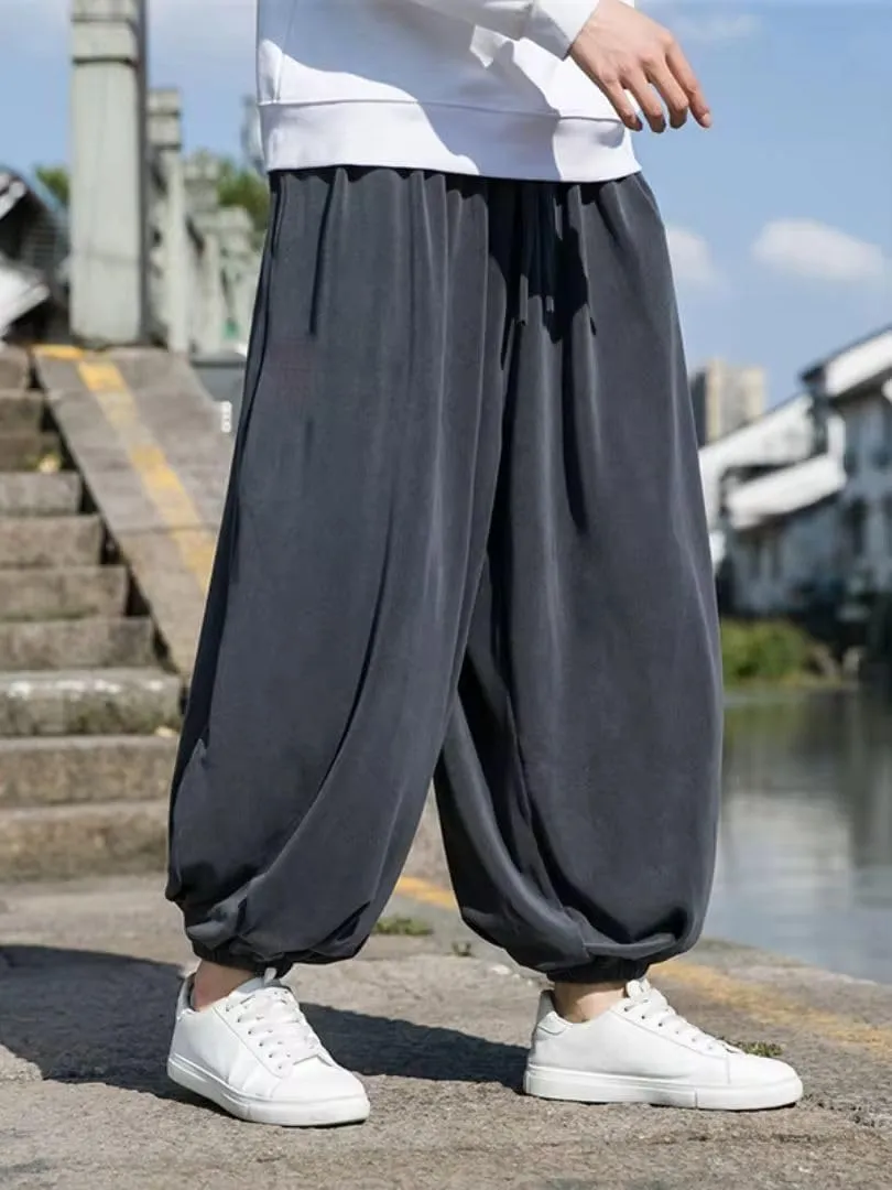Autumn Winter Men Retro Harem Pants Male Solid Color Wide Leg Pants Harajuku Jogging Trousers