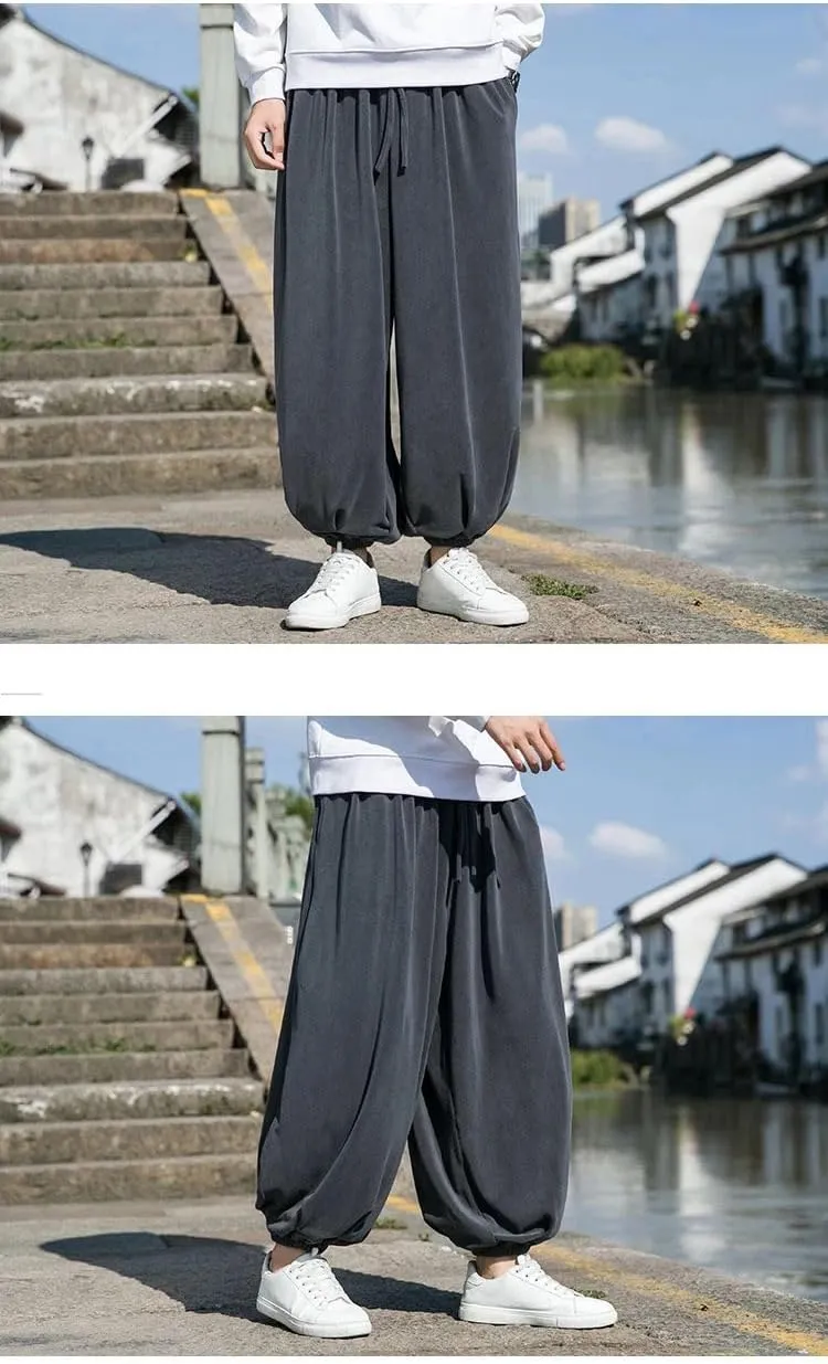Autumn Winter Men Retro Harem Pants Male Solid Color Wide Leg Pants Harajuku Jogging Trousers