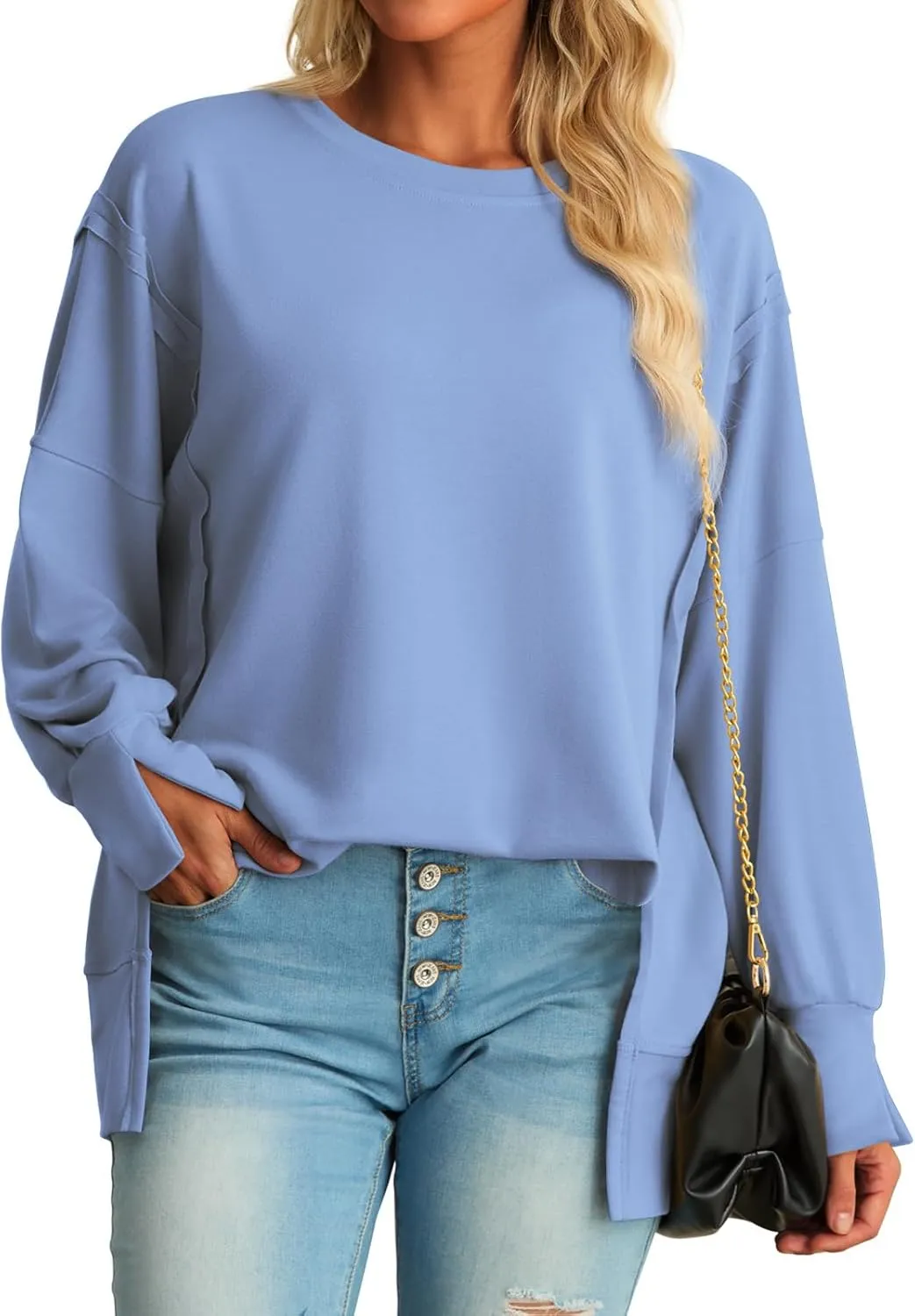 AWULIFFAN Womens Oversized Reverse Seam Sweatshirt Casual Long Sleeve Crewneck Pullover Tops Side Slit Fashion Sweatshirts