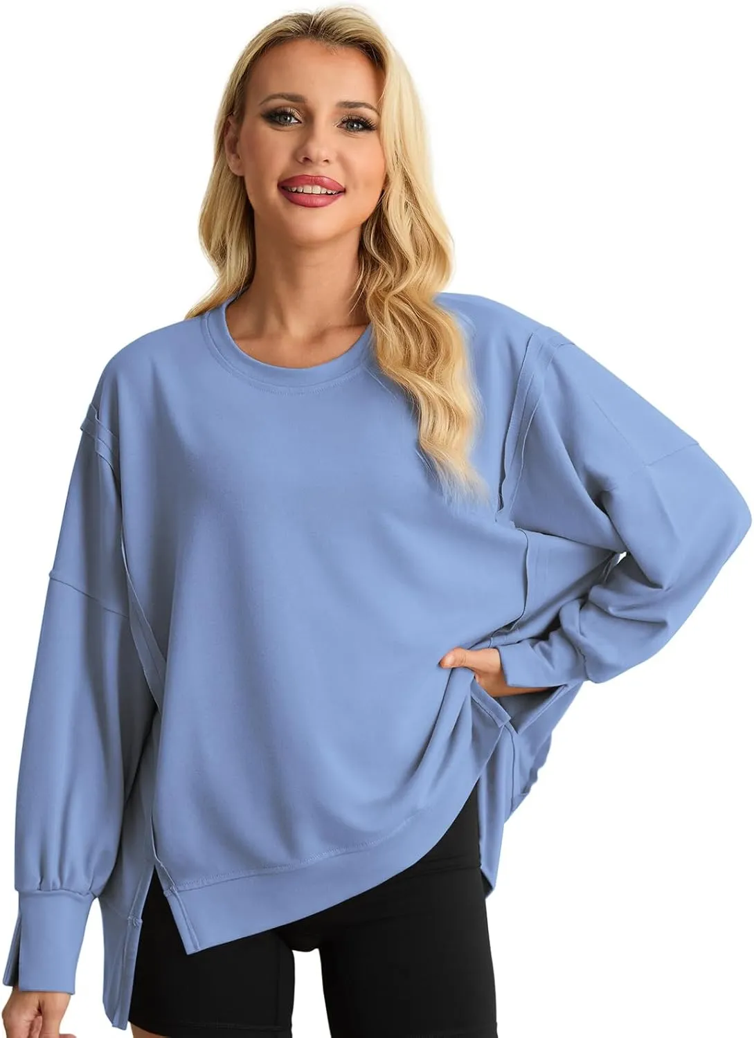 AWULIFFAN Womens Oversized Reverse Seam Sweatshirt Casual Long Sleeve Crewneck Pullover Tops Side Slit Fashion Sweatshirts