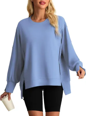 AWULIFFAN Womens Oversized Reverse Seam Sweatshirt Casual Long Sleeve Crewneck Pullover Tops Side Slit Fashion Sweatshirts