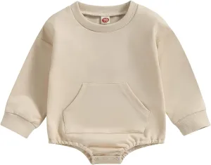 Baby Girl Boy Solid Sweatshirt Bubble Romper Crewneck Bodysuit Pullover Tops Oversized Newborn Sweater Romper Outfit