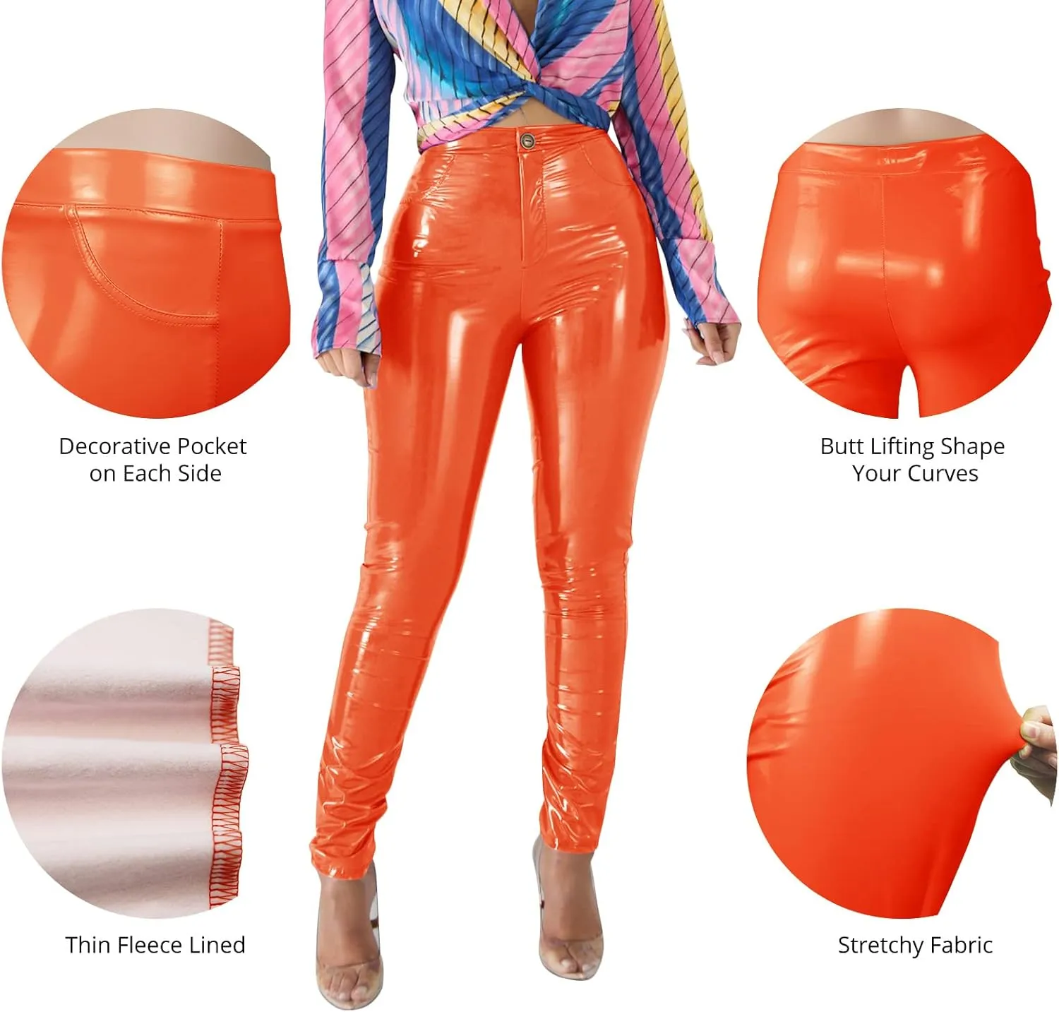 Baonmy Leather Pants for Women Faux Leather Leggings Winter Fleece Lining High Waist Leather Pant